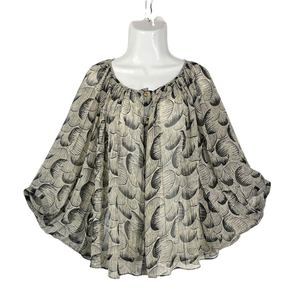 548 Women Sheer Top Blouse Large Black Cream Abstract Ruffle Flowy Boho Party